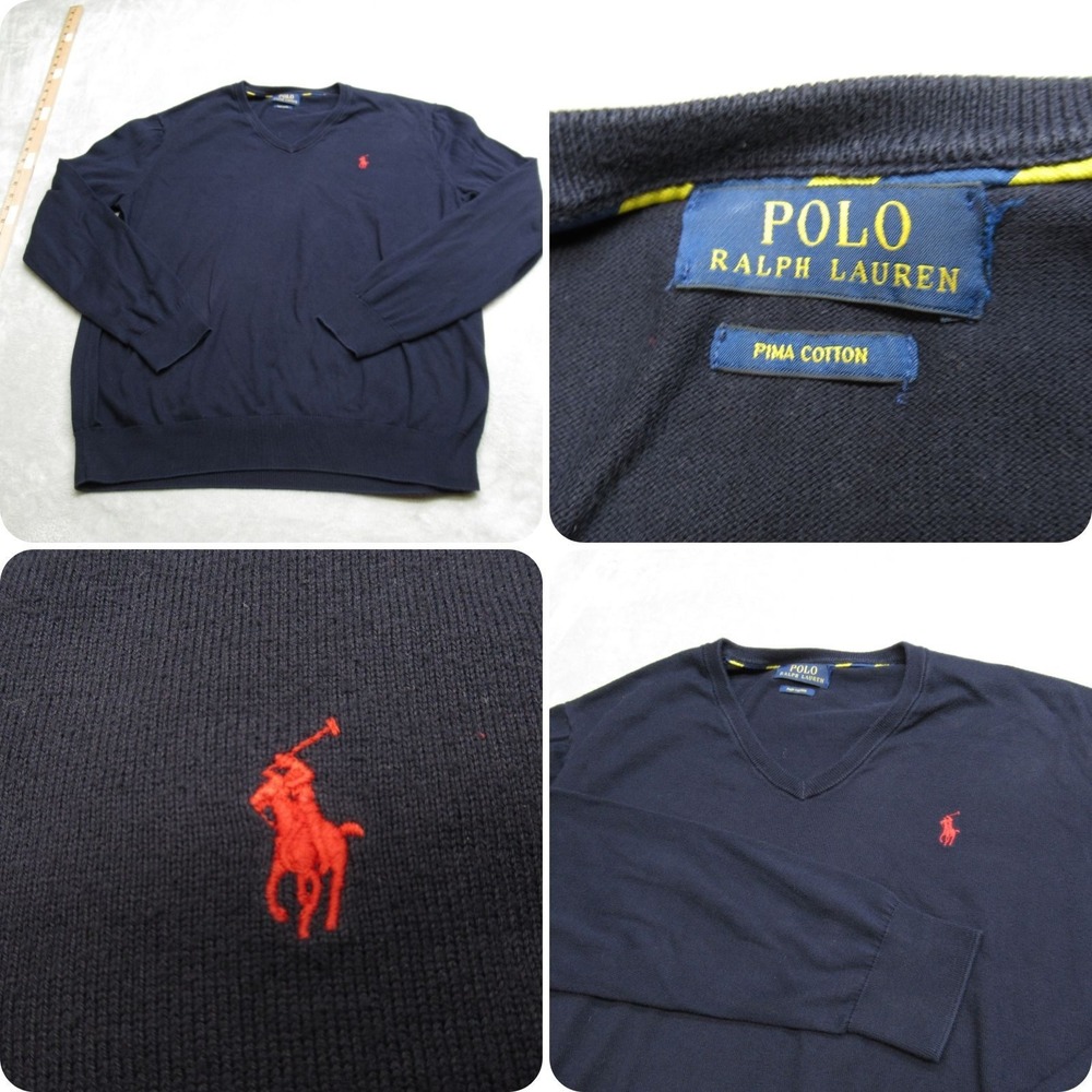 Polo Ralph Lauren Sweater Mens Medium? Slim‎ Blue Pima Cotton V Neck Red Pony